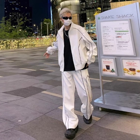 时尚小众撞色立领夹克套装男士帅气搭配一套直筒运动阔腿拖地裤子