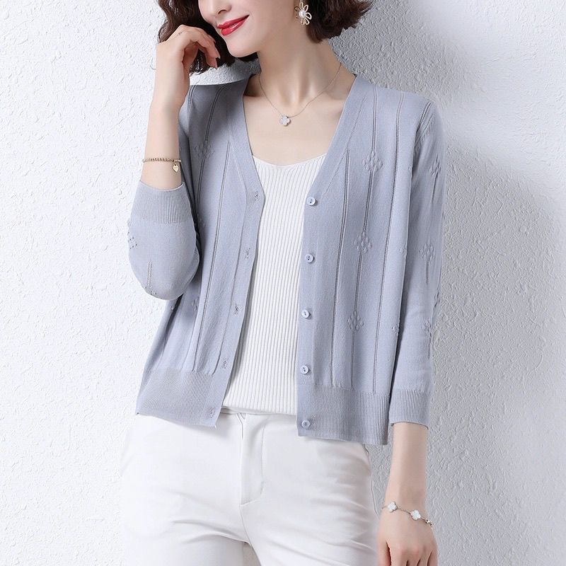 春夏防晒衣女外穿七分袖外套女针织衫短款外搭小开衫开衫薄款夏季