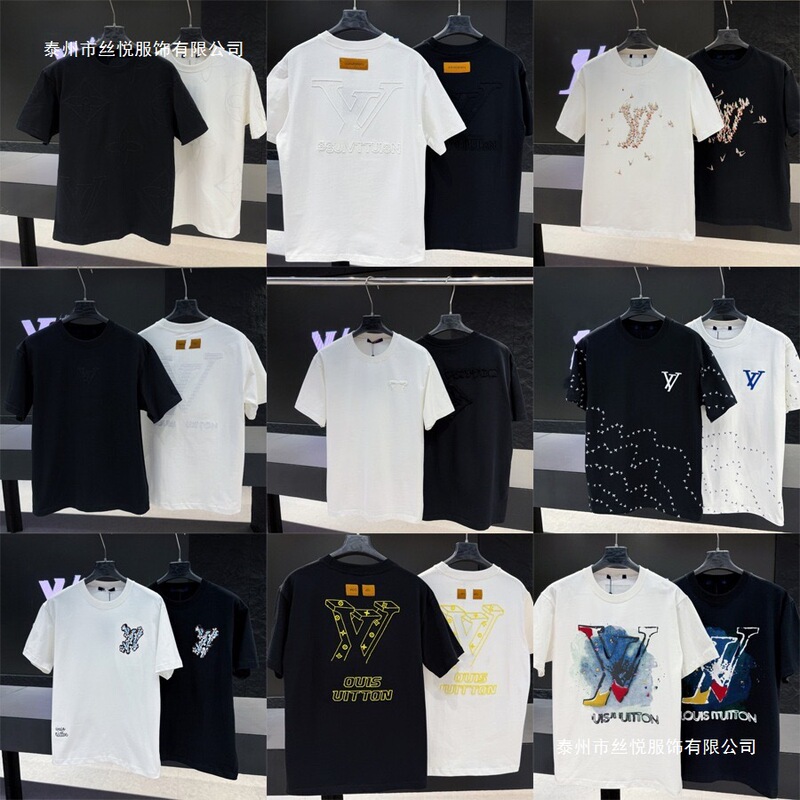Luxury Brand L Cross-Border Authentic High-Quality Trendy Heavy-Duty Embroidery Rhinestone High-Weight Short-Sleeve Shirt Top