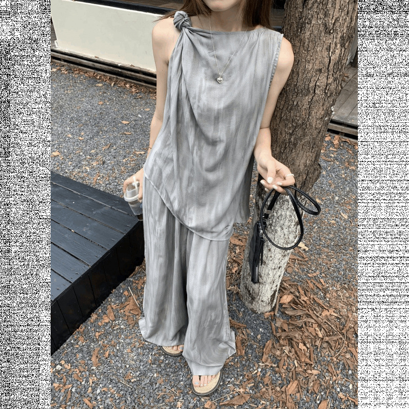 2025夏季新款复古宽松不规则无袖背心上衣阔腿休闲裤女时尚两件套|undefined
