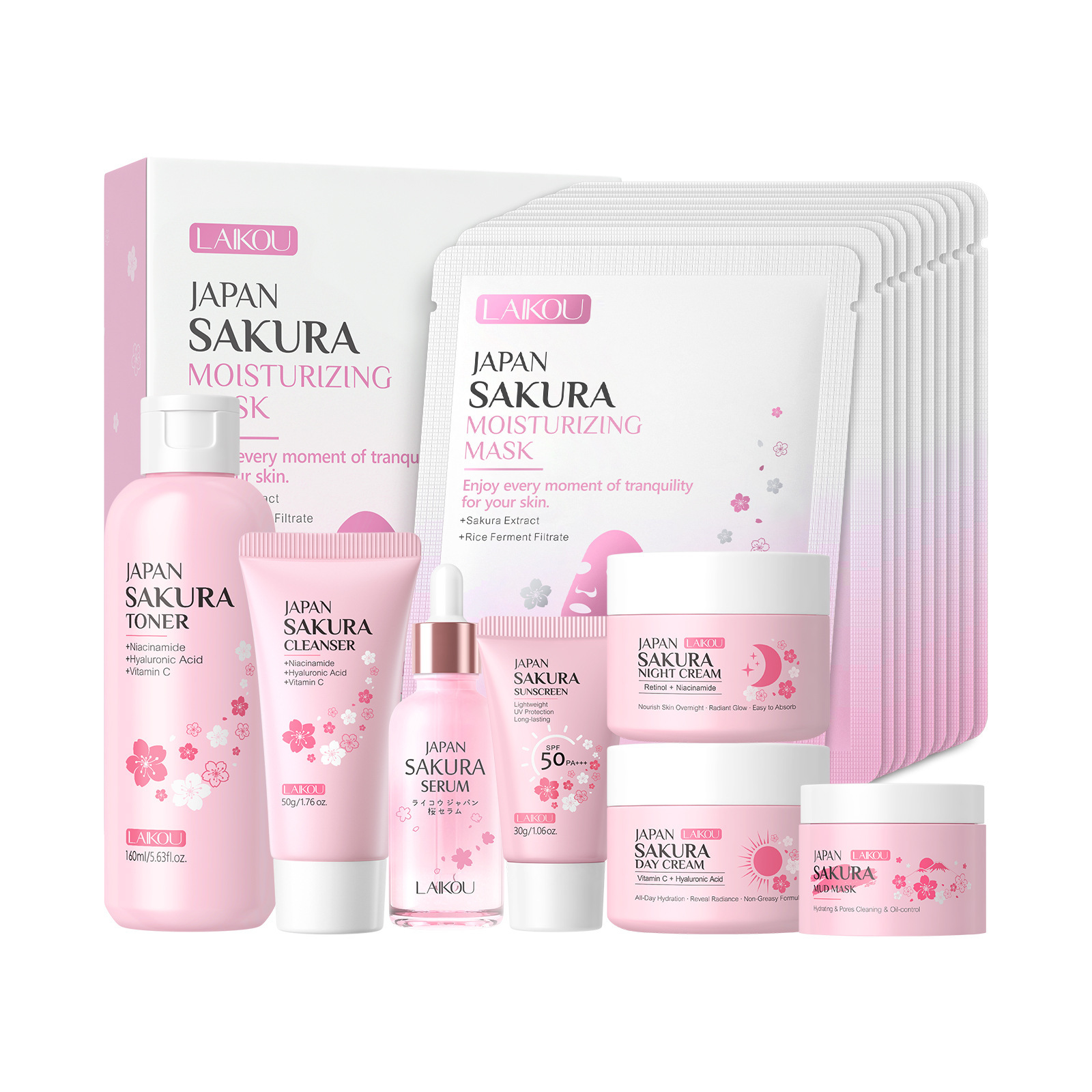 Nuevos productos transfronterizos LAIKOUFENYIQUIYUM combinación de flores de cerezo leche caracol paquete de cuidado de la piel comercio exterior en stock