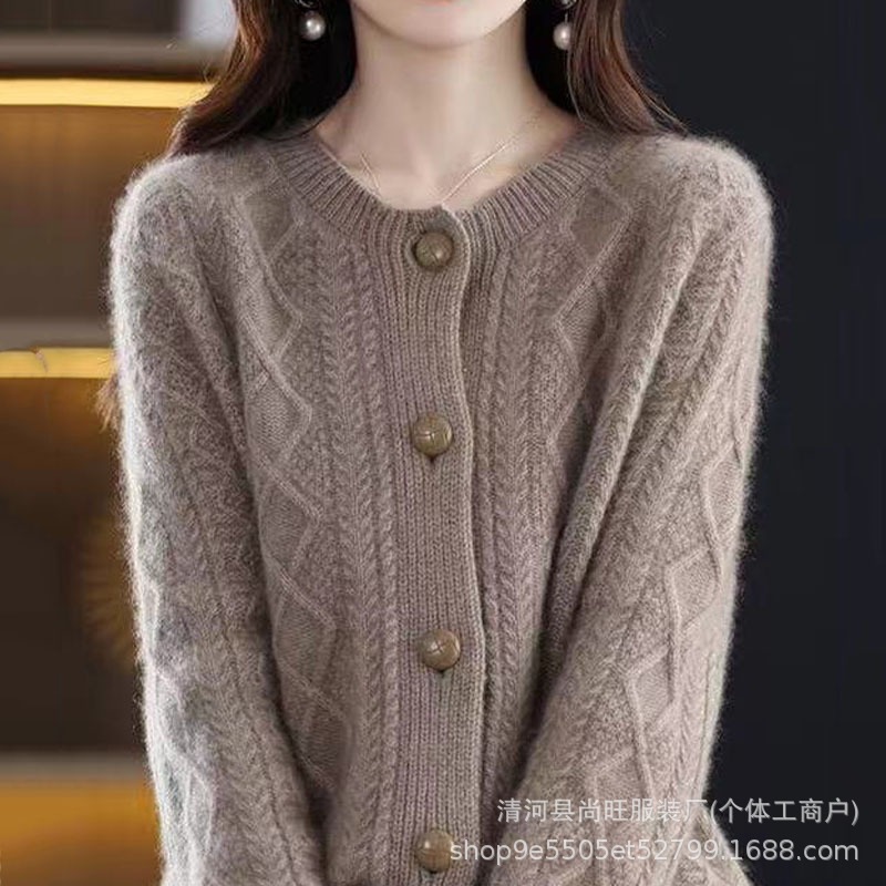 Cross-Border Autumn and Winter New Korean Style Women's Round Neck Long-Sleeved Knitted Loose Cardigan Non-Wool Sweater Jacket Women's Loose and Versatile
