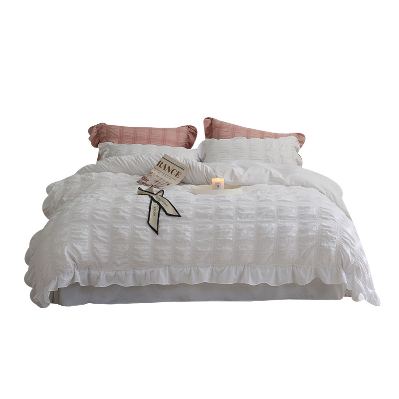 跨境夏季爆款华夫格泡泡纱花边夏被四件套床品纯色胖被套床单批发