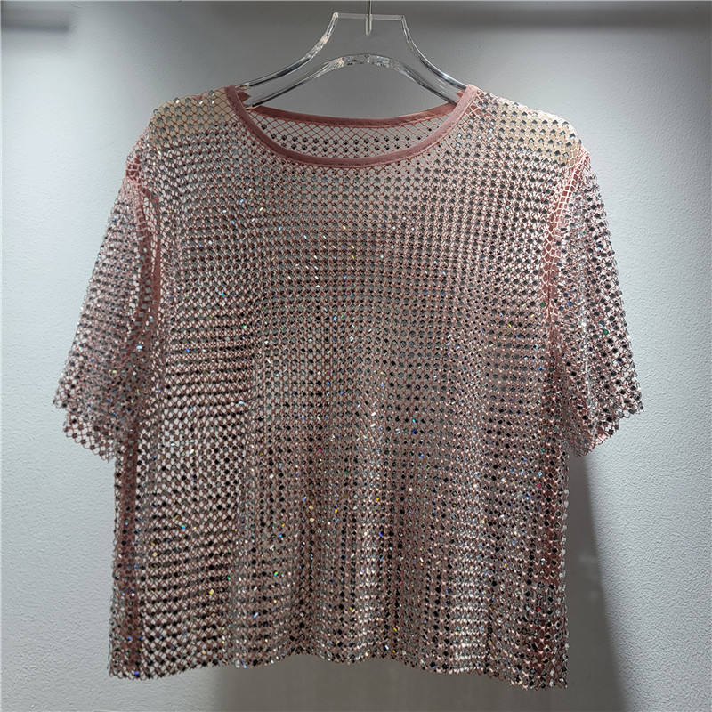 Diámetro de diamante hueco de diseño de perspectiva sensación de cuello redondo chaqueta corta delgada camiseta de mujer estilo extranjero blusa universal