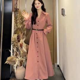 法式绝美粉色拼接蕾丝连衣裙女秋季新款气质简约遮肉显瘦长裙