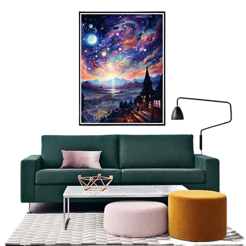 Pintura de diamante Van Gogh serie de estrellas hecha a mano DIY pintura decorativa redonda diamante completo sala de estar dormitorio pintura de paisaje con marco