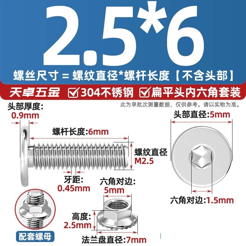 304不锈钢CM大平头超薄头C头扁平头内六角螺丝钉法兰边螺母套装M5|undefined