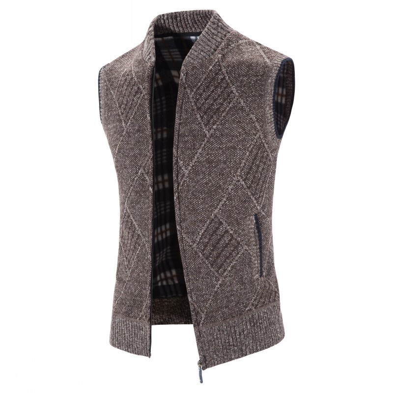 Amazon foreign trade new men's stand collar fleece-lined thickened plus size diamond pattern sweater sweater cardigan vest