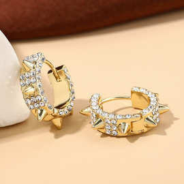 蓝菁 欧美跨境热销真金黄铜电镀耳环个性嘻哈风镶锆石铆钉C形耳圈