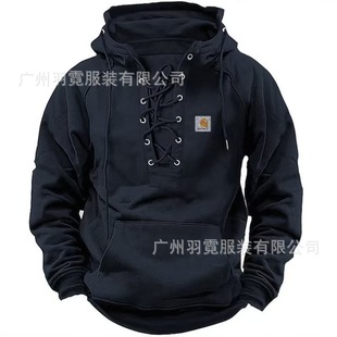 Cross-border plus size men's outdoor vintage lace-up hooded long-sleeved T-shirt autumn solid color casual top in stock