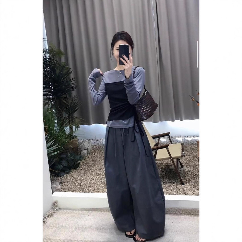 A Complete Set of Beautiful Autumn Clothes with a Smart Elegant and High-End Korean Style Gray Fake Two-Piece T-Shirt Suit Pants A Complete Set of Beautiful Autumn Clothes with a Smart Elegant and High-End Korean Style Gray Fake Two-Piece T-Shirt Suit Pants