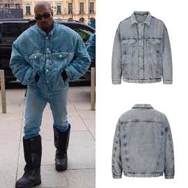 KANYE侃爷同款秋冬牛仔夹棉外套宽松做旧休闲复古保暖棉服夹克男