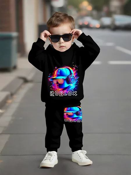 Trendy European and American Roblox Printed Children's Set, Unisex Toddler Hooded Sweatshirt and Jogger Pants, Now Available for Cross-Border Sales