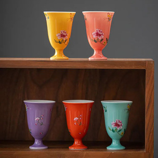 Household Tea Cup, Master Cup, Light Luxury Ceramic Kung Fu Tea Set, Tea Cup for Drinking Tea, Purely Hand-Painted High-Footed Cup, Colored Glaze Single Cup