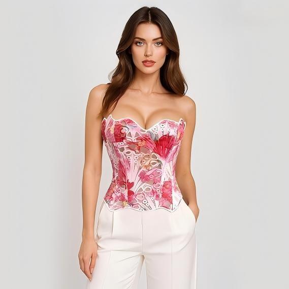 Women's Fishbone Corset Top with Sexy Textured Transparent Floral Lace, Lace-Up Corset Waist Cincher for Going Out Women's Fishbone Corset Top with Sexy Textured Transparent Floral Lace, Lace-Up Corset Waist Cincher for Going Out