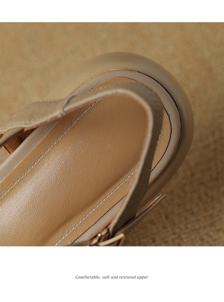 Sandal nữ da cừu đế dày gót thô hở ngón quai ngang phong cách La Mã — Màu trắng be chi tiết 15
