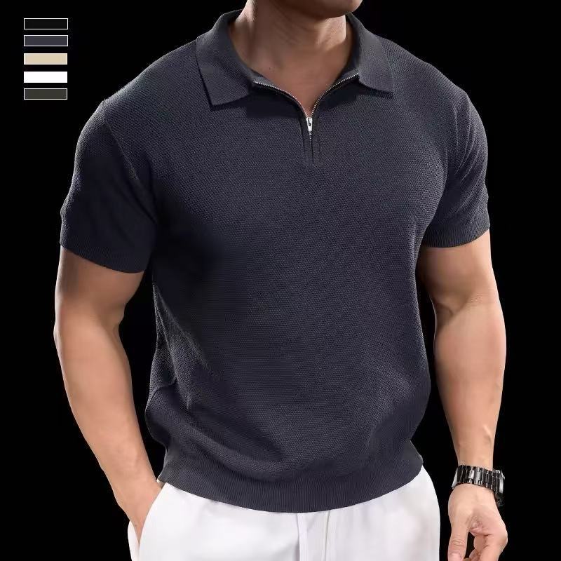 Camisa de polo de manga corta con textura de cremallera de alta calidad de verano, nueva camiseta de solapa de negocios de moda para hombres