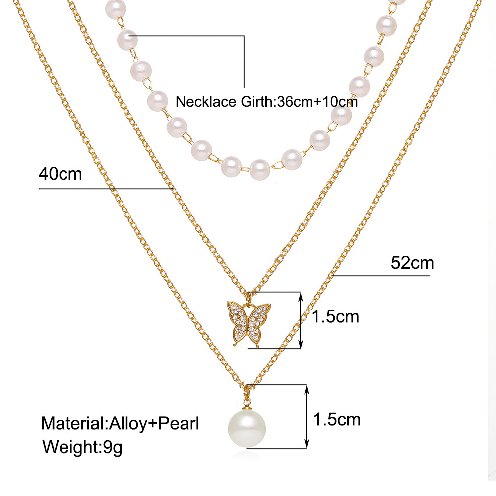 2022 New Creative Simple Pearl Diamond Butterfly Pendant Three Layer Necklace display picture 1