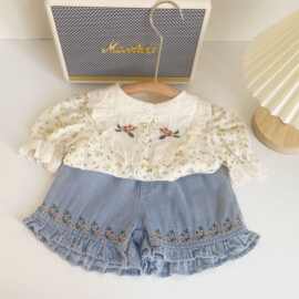 Ancorelala2026春夏季新款女童可爱碎花上衣加绣花牛仔短裤两件套