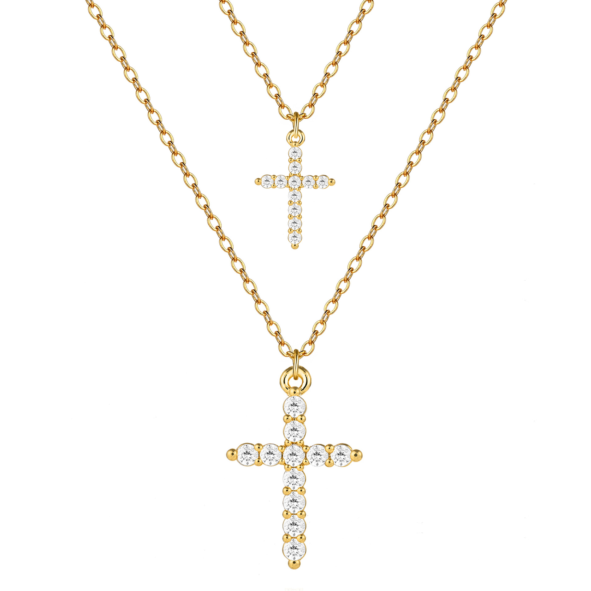 high-grade diamond cross pendant double-layer stacked clavicle chain hot selling electroplated gold copper necklace_voghion.com