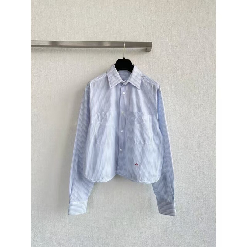King's Impression Spring and Autumn New Style Blue and White Contrast Color Vertical Striped Double Pocket Letter Embroidery Long Sleeve Shirt for Women