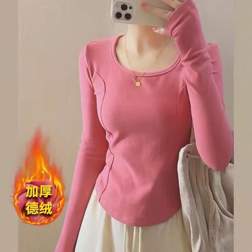 Women's Solid-Color Square-Neck Fleece Base Layer Top with Irregular Hem, Slim-Fit & Sweet-Chic Design—Trendy Long-Sleeve Autumn/Winter Innerwear