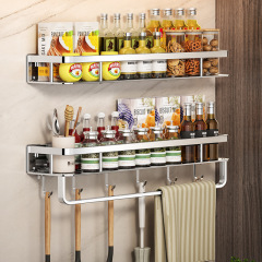 Kitchen rack stainless steel 304 wall hanging rack multi-functional seasoning rack hook hanging spoon storage rack rag rod rack