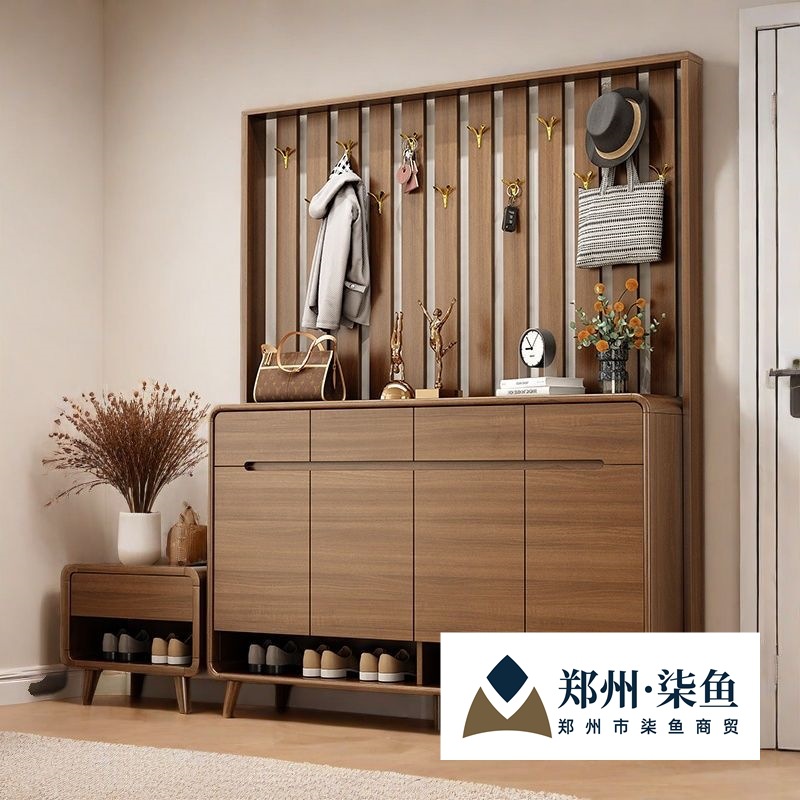 Clothes Rack, Shoe Cabinet Set, Integrated Home Living Room Entrance Partition Cabinet, Solid Wood Color Storage Cabinet, New Style with Shoe Changing Stool