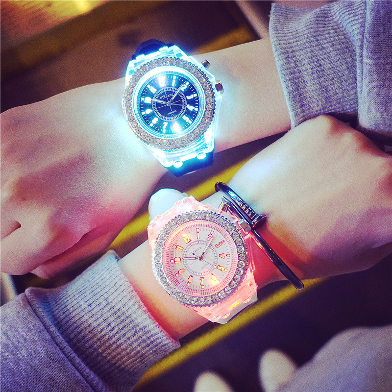 Luminous luminous personality rhinestone led Harajuku Korean fashion trend men and women students couple jelly quartz watch_voghion.com
