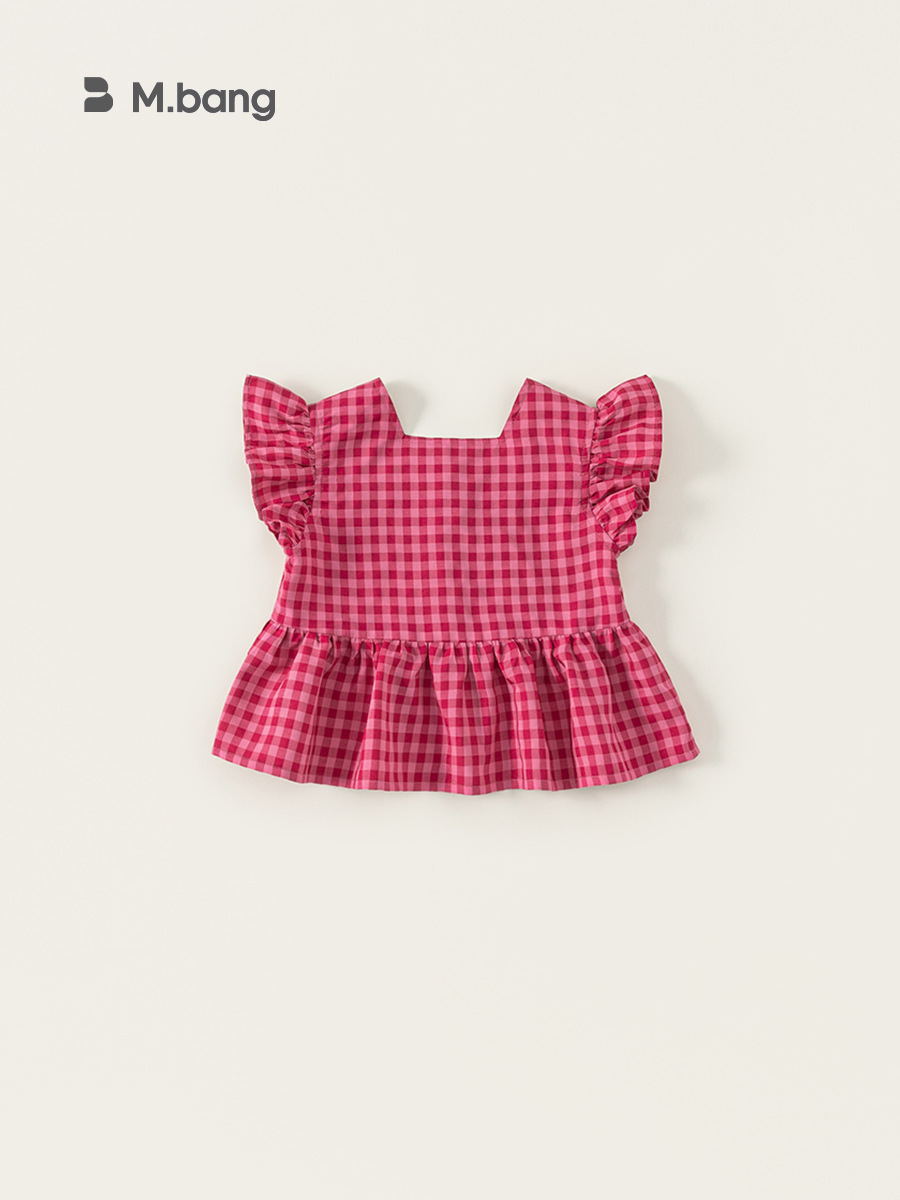 Youbao ropa para niños verano nuevo estilo coreano cuello cuadrado camisa de bebé blusa de encaje para niños niña pequeña camisa a cuadros con mangas voladoras