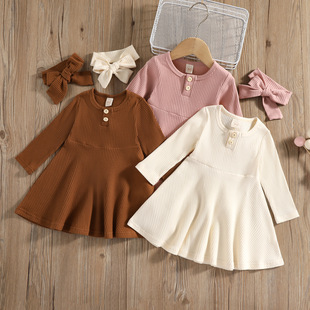 Ins-style Spring and Autumn Cross-border Women's Wear Crewneck Open Buckle Plain Casual Comfortable Pit Long-sleeved Dress