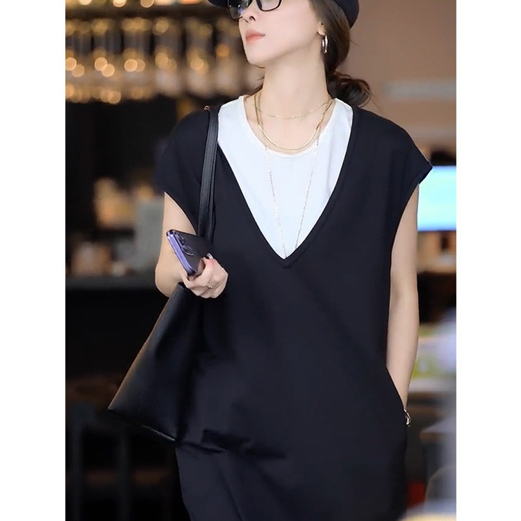 Đầm maxi nữ tay ngắn giả hai mảnh phong cách Pháp — Màu đen