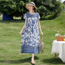 中老年棉绸连衣裙女夏季新款加肥加大码女装洋气妈妈装短袖长裙子