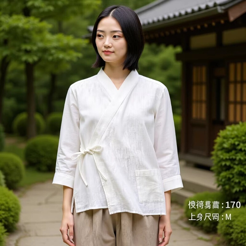 Women's cotton-linen shirt with V-neck and tie, loose-fitting Tencel-linen top, tea attire, new Chinese-style national fashion women's clothing, 30% linen content Women's cotton-linen shirt with V-neck and tie, loose-fitting Tencel-linen top, tea attire, new Chinese-style national fashion women's clothing, 30% linen content