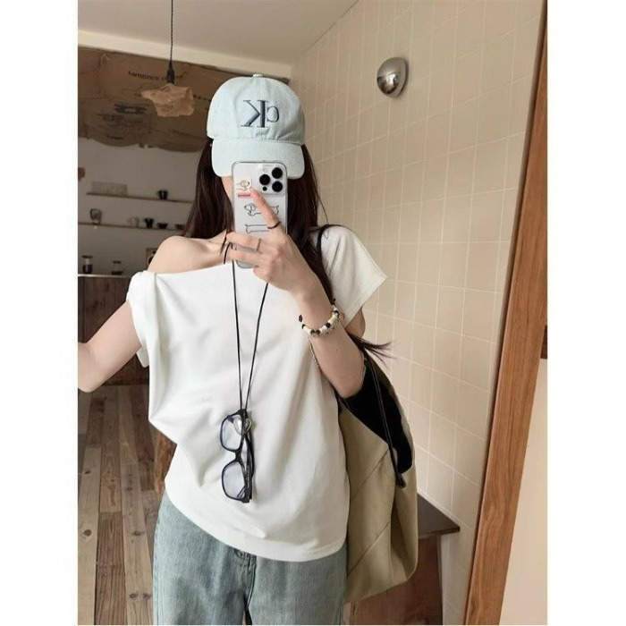 ツイストデザインスラントカラーオフショルダー半袖Tシャツレディースルーズアメリカンホットガールスリムトップ|undefined