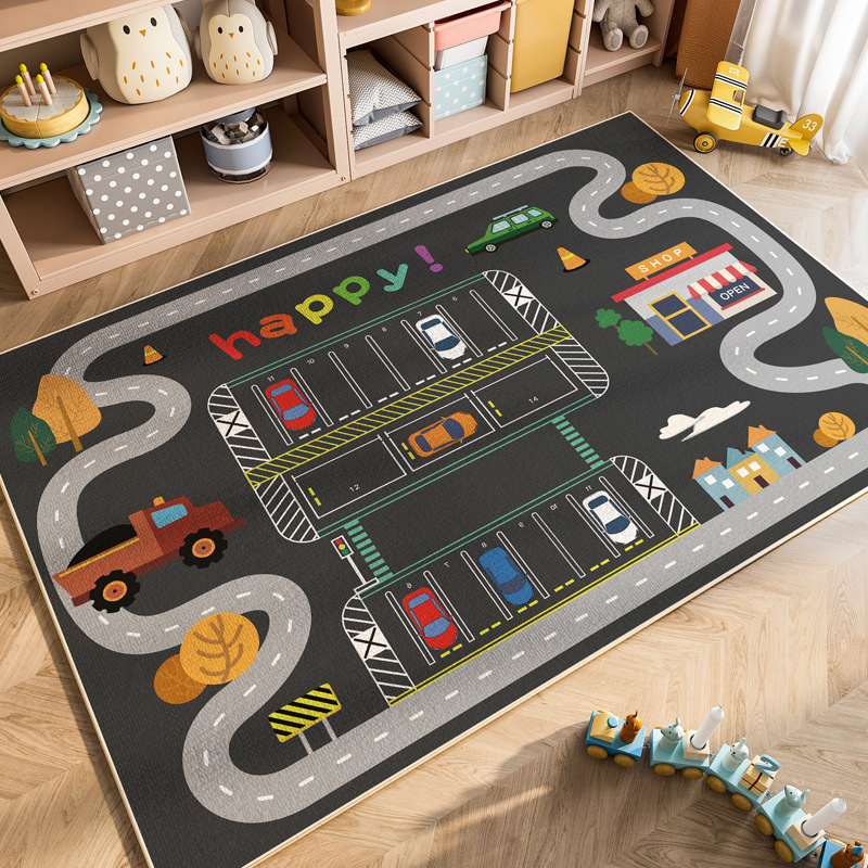 Cross-border Cartoon Car Traffic Children's Climbing Mat Household Non-slip Wear-resistant Dirty-resistant Crystal Velvet Living Room Carpet Full Shop