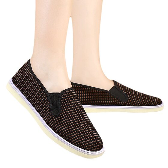 Women's Spring and Autumn Old Beijing Cloth Shoes Plaid Cotton Canvas Shoes Flat Casual Elastic Slip-on Shoes