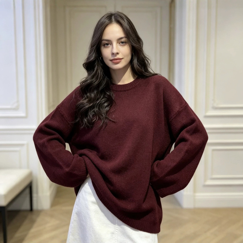 Foreign Trade Autumn and Winter New Simple Candy Color Color Thick Warm Round Neck Knitted Pullover Women's Loose plus size Top