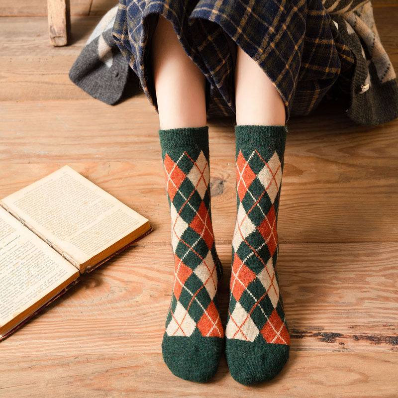 Woolen women in autumn and winter, diamond grid thickened warm middle tube pile for women's socks_voghion.com