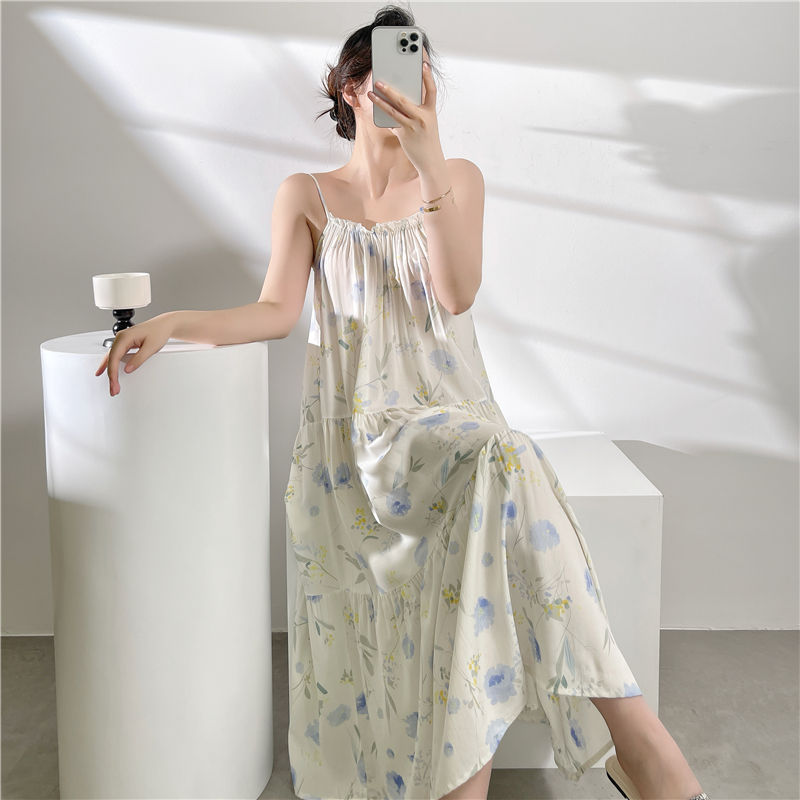 New Pajamas Women's Spring and Autumn Sexy Sling Strap New Chinese Style National Style Home Clothes Summer plus size Thin Cotton Silk Skirt Long Skirt