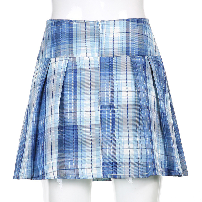 blue plaid slim-fit pleated skirt  NSLQ47498