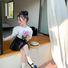 Elmo Beibei girls baby temperament triangle lace short-sleeved white shirt top summer new children's clothing