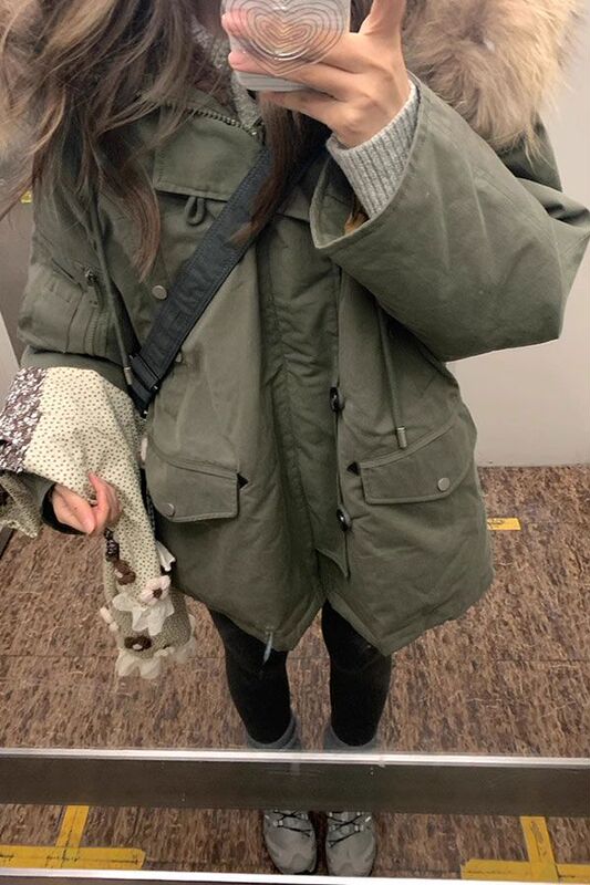 Army Green Parka Warm Cotton Jacket for Women, Plus Size, 150kg Fleece-Lined, Thickened, High-End, Super Stylish Cotton Coat