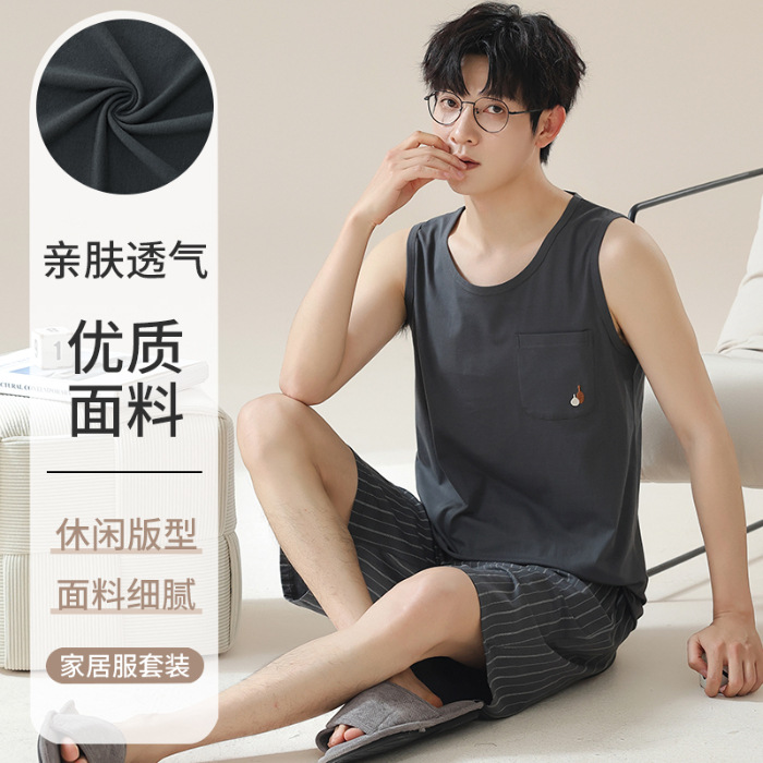 2024 verano de punto pijama de algodón chaleco de hombre pantalones cortos sin mangas delgados casero simple conjunto de ropa de casa al por mayor