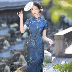 藍色國風新中式長款改良旗袍2025新款女復古修身短袖走秀款春夏季