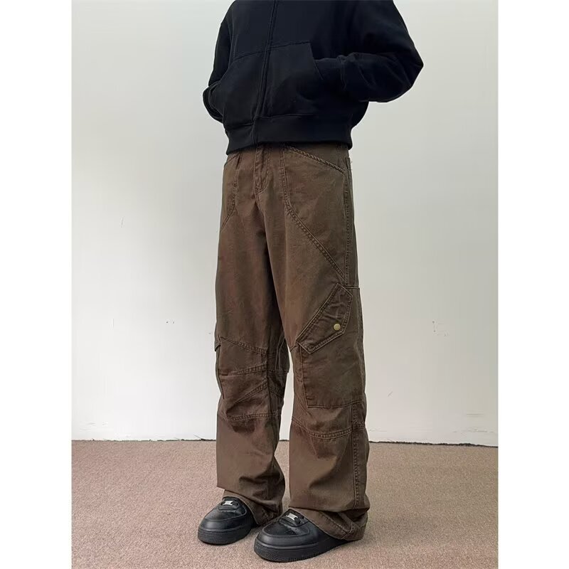 Spring and Summer New American-Style Brown Melard Work Pants for Men and Women, Washed Trendy Brand Men's Straight Loose Wide-Leg Lumberjack Pants Spring and Summer New American-Style Brown Melard Work Pants for Men and Women, Washed Trendy Brand Men's Straight Loose Wide-Leg Lumberjack Pants