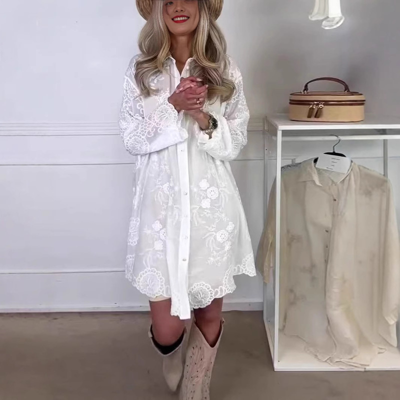 European and American Fashion Cross-Border Independent Station Versatile Lapel Cardigan Solid Color Jacquard Lace Long-Sleeve Shirt Dress