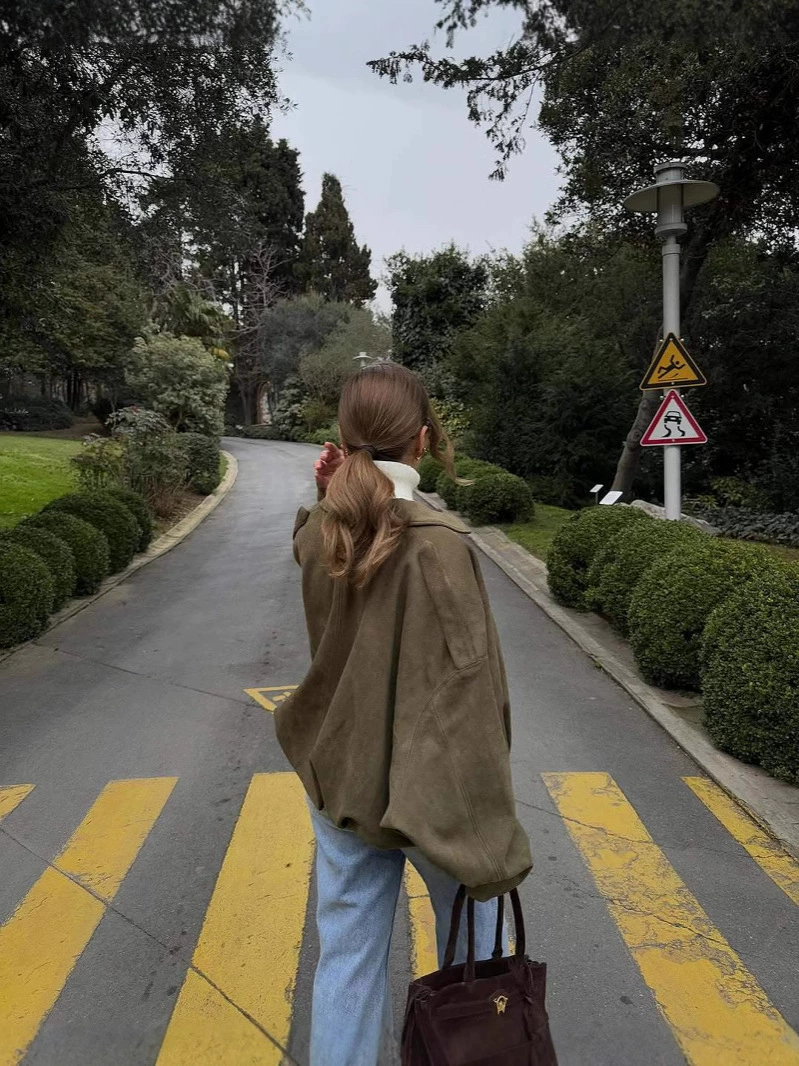 Bomber Jacket (ZA) Suede-Effect, Women's Spring Outerwear, Army Green, Oversized Fit