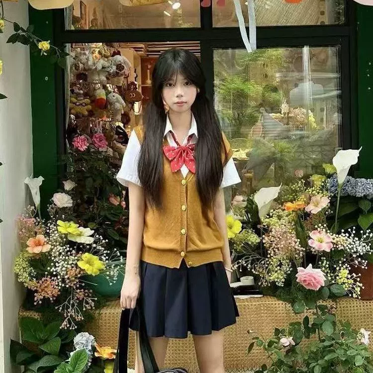 Униформа JK, коричневый кардиган, жилет, многослойная рубашка с короткими рукавами, наряд в консервативном стиле, голубая юбка JK, полный комплект школьных принадлежностей