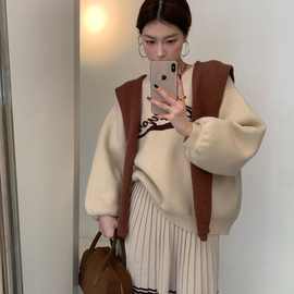 大码女装冬季新款慵懒风加厚V领针织毛衣+高腰百褶裙显瘦两件套女